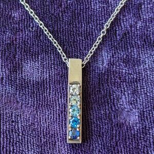 925 Sterling Silver Necklace With Bar Pendant & Graduated Blue Stones